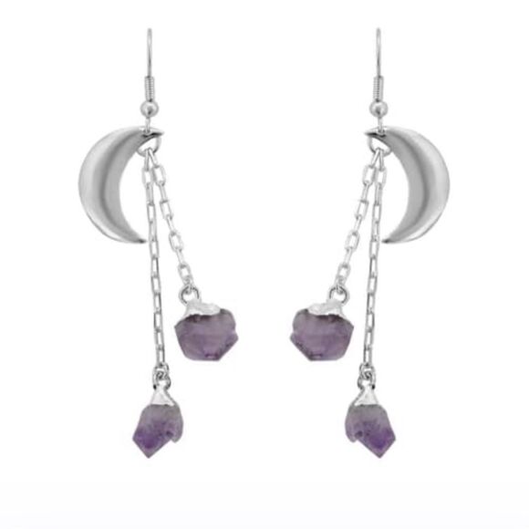 Made in Brazil Amethyst point Moon Dangle Earrings in Silvertone - Picture 4 of 10